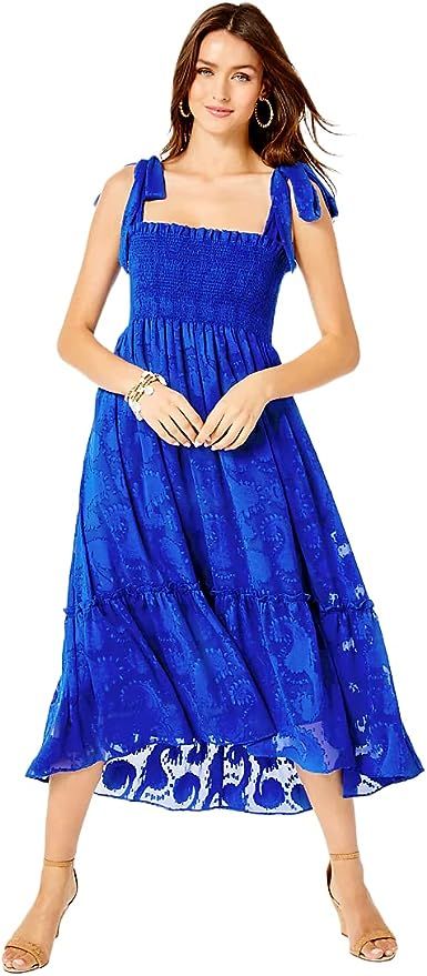Lilly Pulitzer Women's Rivera Smocked Midi Dress in Blue Grotto- Tangerine Dream Poly Clip Jacqua... | Amazon (US)