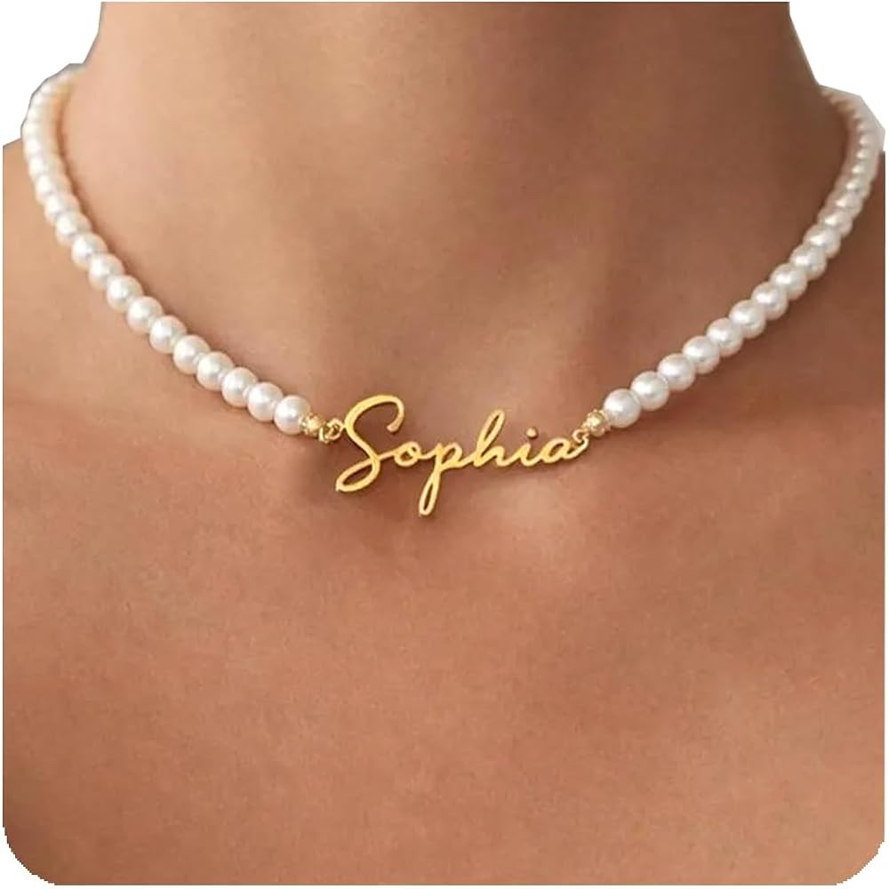 Custom Name Necklace with Pearl Chain 6mm Round White Pearl Necklaces Personalized Choker Name Je... | Amazon (US)