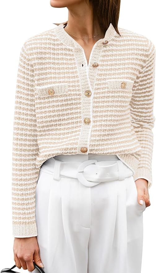 ANRABESS Women's Striped Cardigan Sweaters Casual Long Sleeve Open Front Button Down Knit Cropped... | Amazon (US)