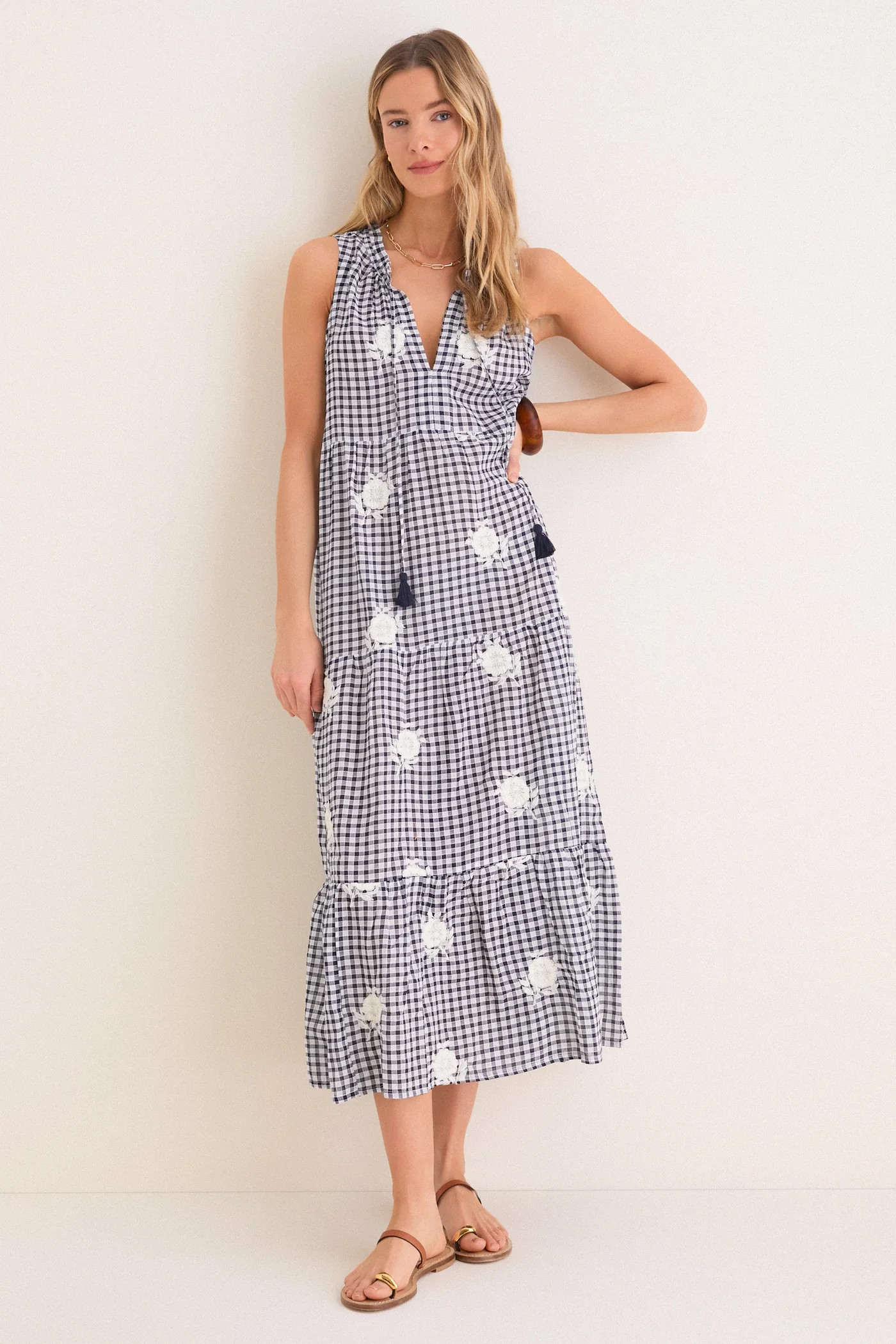 Sapphire Gingham Embroidered Sleeveless Salty Paloma Caftan | Tuckernuck (US)