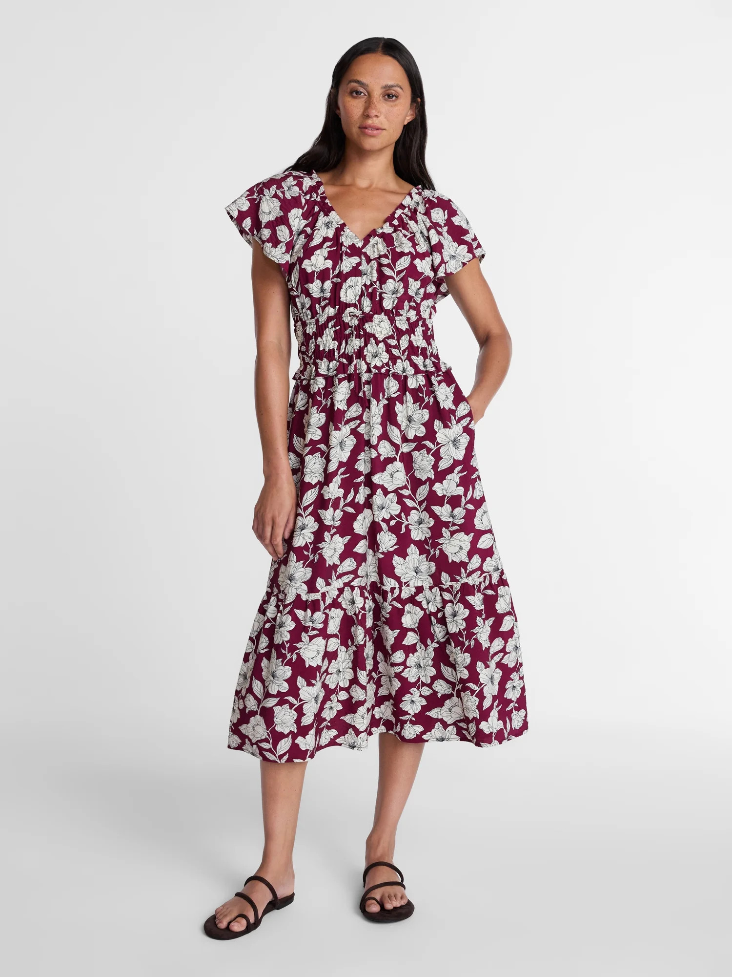Time and Tru Women's Tiered Midi Dress with Flutter Sleeves, Sizes XS-XXXL | Walmart (US)