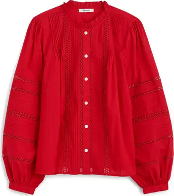 High Neck Lace Detail Pintuck Cotton Top | Nordstrom