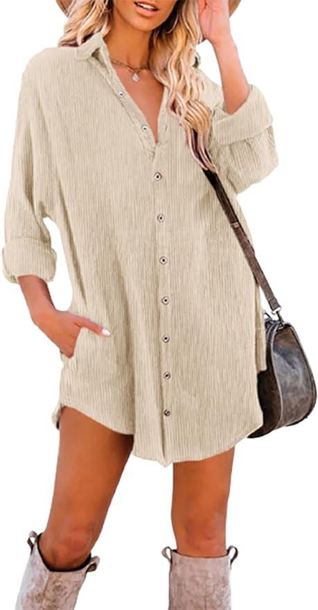 Dokotoo Women's Corduroy Long Sleeve Button Down Shirts Tunic Dresses with Pockets | Amazon (US)