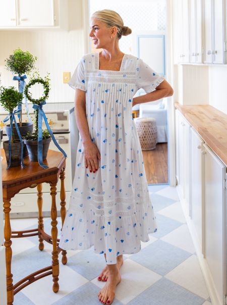 Restock alert! 💙 The sold out blue and white print from our latest collaboration is now back in stock but moving quickly! #valentinesday #heart #heartprint #nightgown #pajamas #blueandwhite