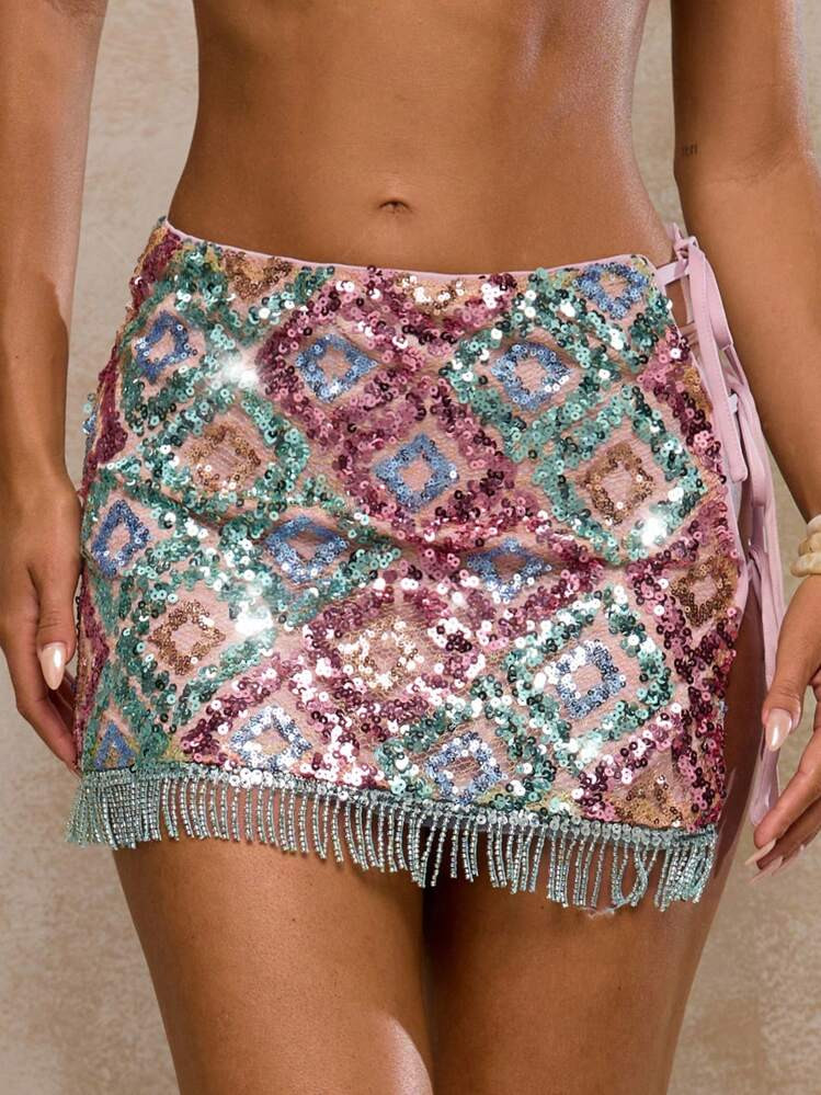 Glamine Women's Tassel Tie Waist Mini Skirt, Sexy Beach/Holiday Style Sequin Skirt Bikini Cover U... | SHEIN