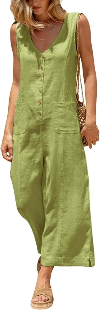 Yeokou Women Button Down Jumpsuits Cotton Linen Sleeveless Casual Wide Legs Rompers Loose Overall... | Amazon (US)