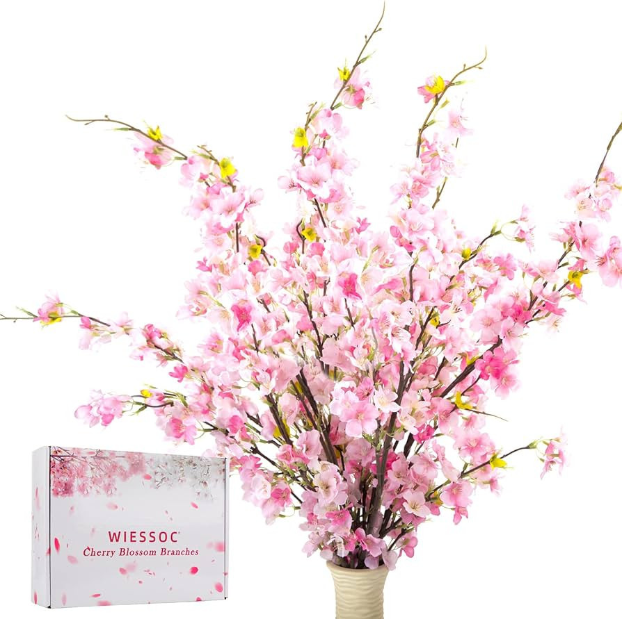 WIESSOC 4Pack 43" Silk Cherry Blossom Branches with Light, Silk Faux Artificial Cherry Blossom, C... | Amazon (US)