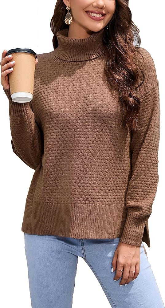 KOJOOIN Womens Turtleneck Oversized Sweaters Knit Asymmetric Sweater Long Sleeve Spilt Hem Pullov... | Amazon (US)