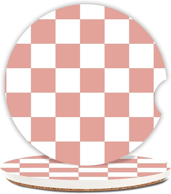 2 Pcs Pink and White Checkered Car Coasters,Ceramic Cup Holder Coasters with a Finger Notch,2.56"... | Amazon (US)