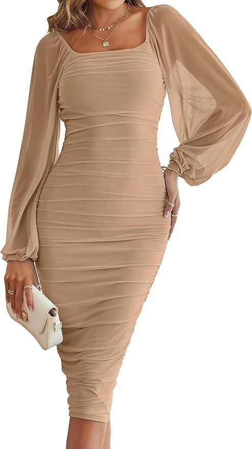 MEROKEETY Women's Long Puff Sleeve Ruched Bodycon Dress Square Neck Mesh Cocktail Party Midi Dres... | Amazon (US)