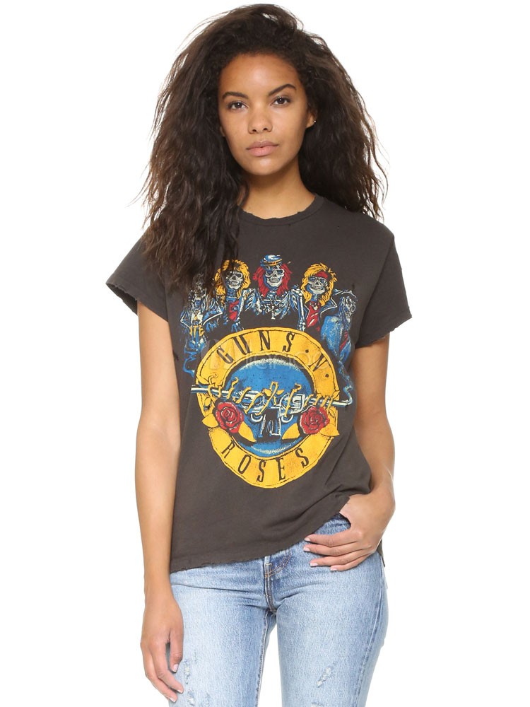 Brown T Shirt Round Neck Short Sleeve Gun And Rose Print Women's Summer Shirt Tops | Milanoo