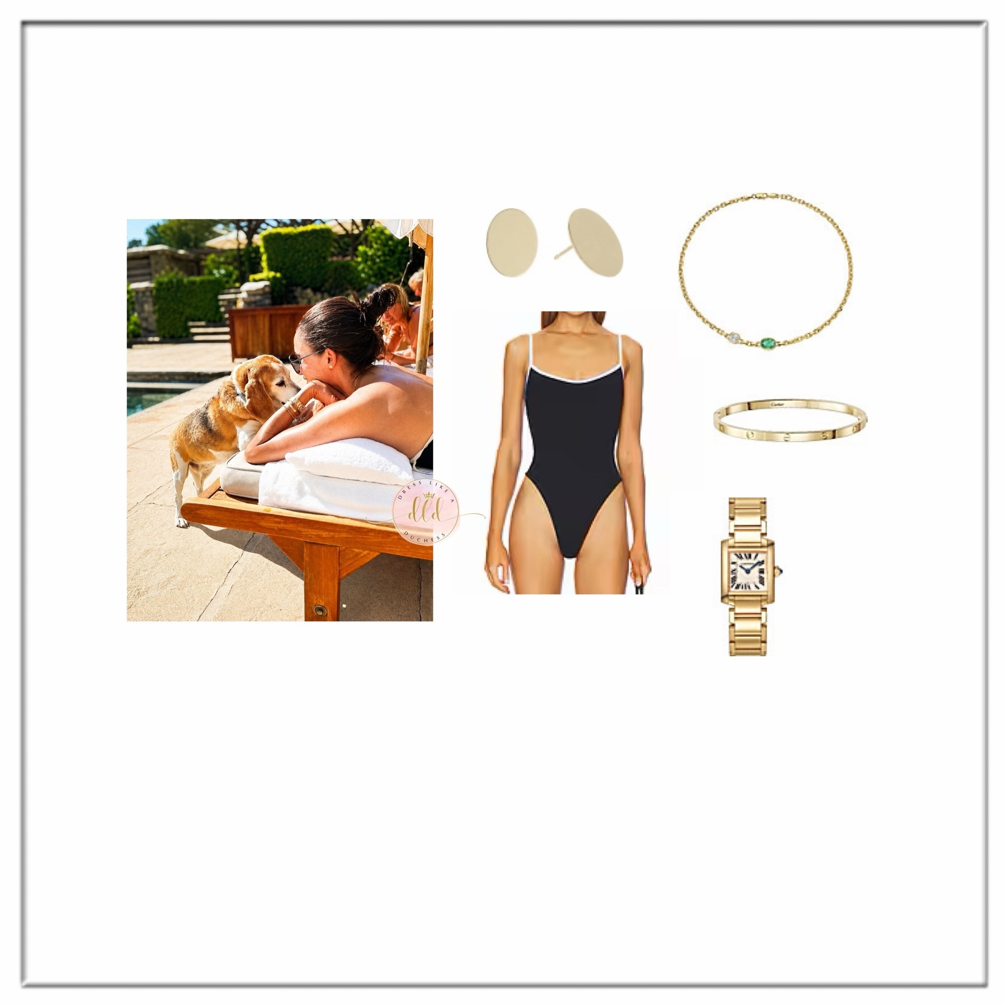 6/23/26 Meghan Markle with dog Mia in Montecito wearing Hunza G Pamela Contrast Crinkle Swimsuit in black/white and Ariel Gordon signet studs plus Logan Hollowell emerald chain necklace