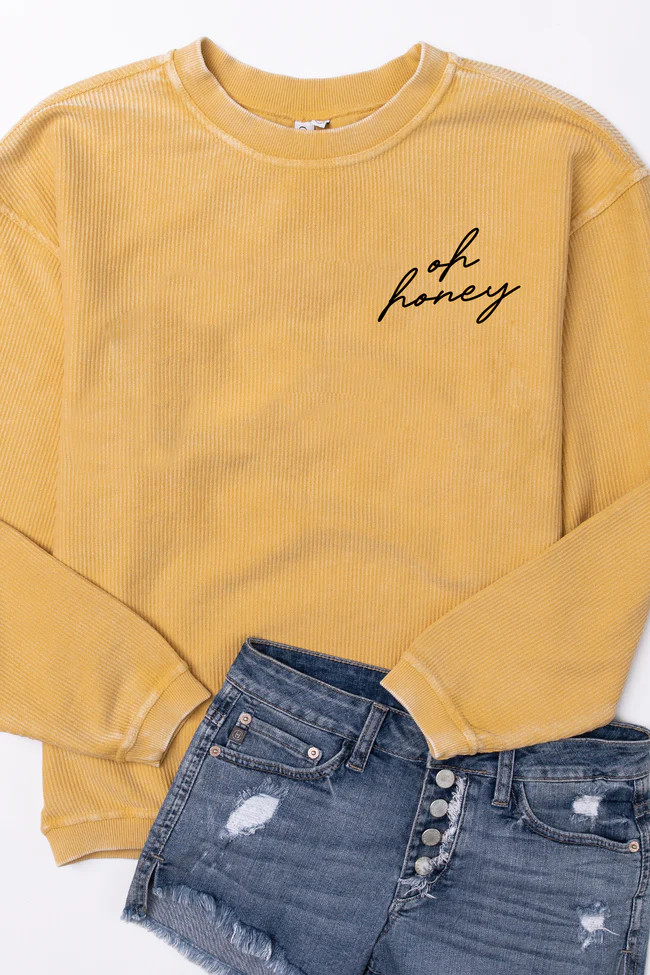 Oh Honey Embroidered Gold Corded Graphic Sweatshirt | The Pink Lily Boutique