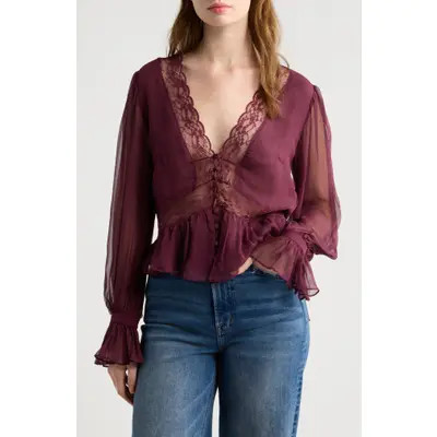 LoveShackFancy Thessira Lace Trim Ruffle Silk Top in Pale Stone at Nordstrom, Size Medium | Nordstrom