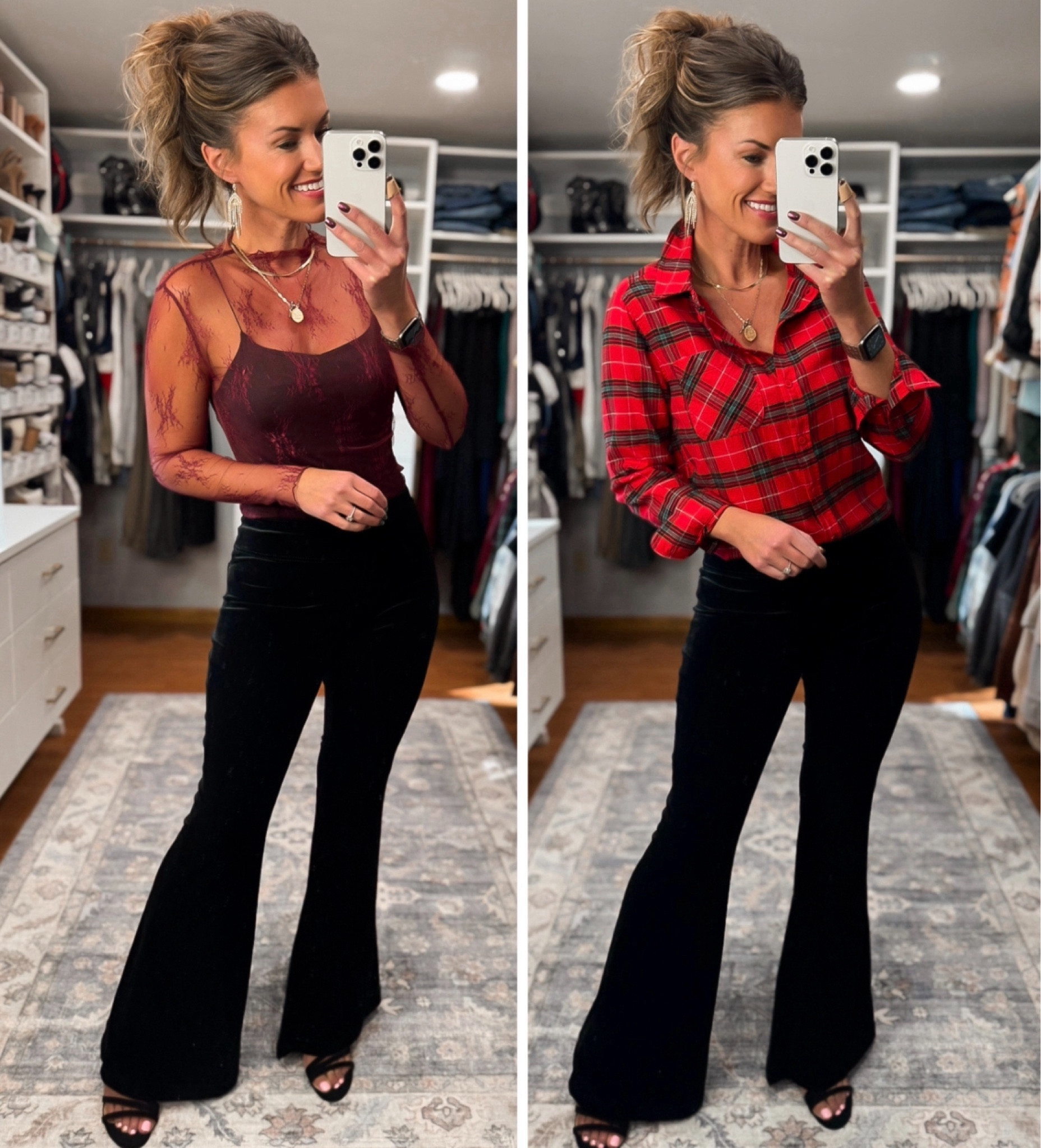 Velvet flare pants perfect for the holidays  
Pants/ medium
Both tops medium

#LTKparties #LTKSeasonal #LTKHoliday