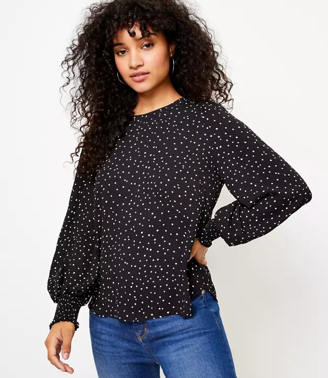 Dotted Smocked Cuff Blouse | LOFT