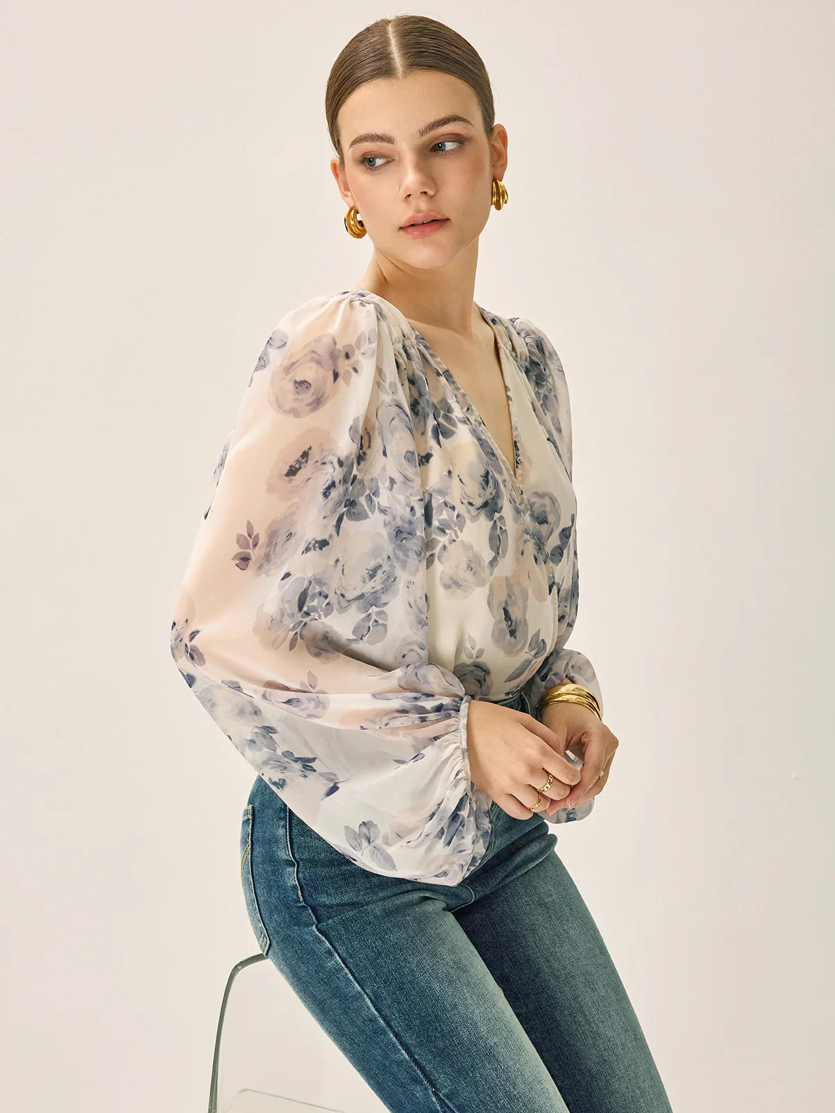 Semi-Sheer Chiffon Floral V-Neck Balloon Sleeve Blouse | Commense