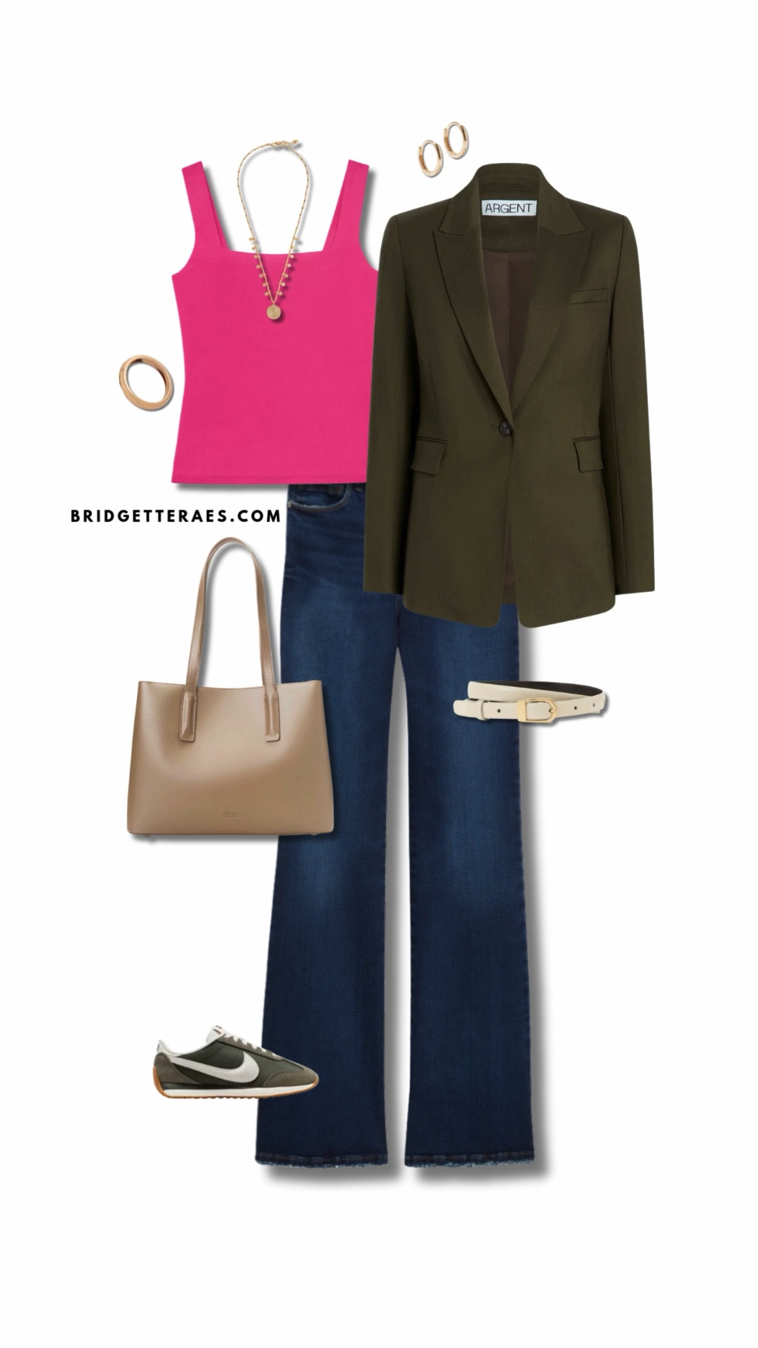 A structured olive blazer instantly sharpens this modern workday look, layering effortlessly over a vibrant pink top that adds energy and confidence to the outfit. Dark-wash denim keeps the silhouette clean and polished while still feeling approachable and comfortable for a full day of work. Neutral accessories—including the soft beige tote and coordinating belt—balance the bold color combination and keep the overall palette refined. Gold jewelry brings subtle warmth and polish, while sleek sneakers ground the look with practical ease without sacrificing professionalism. The result is a confident, contemporary outfit that blends structure, color, and comfort—perfect for days when you want to feel both capable and effortlessly put together.

#LTKootd #LTKWorkwear #LTKOver40