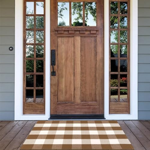 Buffalo Plaid Outdoor Rugs, 2'x4'3'' Brown and White Checkered Indoor/Outdoor Area Rug, Layering ... | Amazon (US)