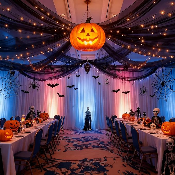 Black Ceiling Drapes with Lights String for Weddings, 6 Panels 5ftx10ft Sheer Tulle Backdrop Phot... | Amazon (US)