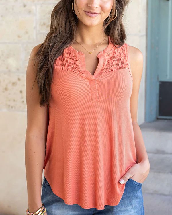 Smocked Ribbed Sleeveless Top in Sunset | Grace and Lace