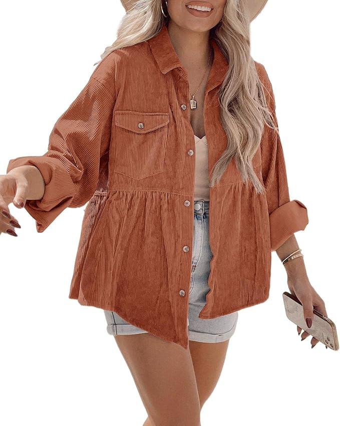 Tutorutor Womens Corduroy Shirts Casual Long Sleeve Button Down Blouses Tunic Babydoll Dress Loos... | Amazon (US)
