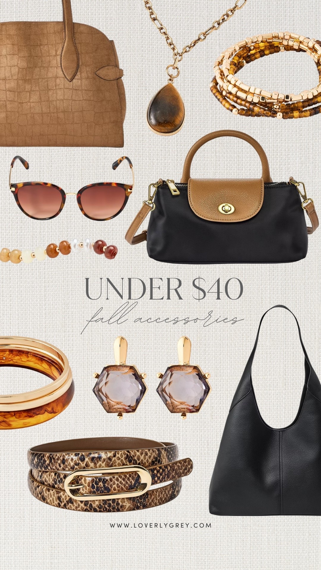 Affordable fall accessories under $40 featuring tortoise jewelry, statement earrings, layered bracelets, fall handbags, sunglasses and a snakeskin belt. Easy budget-friendly finds to add warm brown tones and texture to your fall outfits!

#LTKgrwm #LTKSeasonal