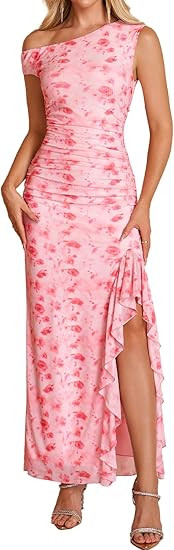 HTZMO One Shoulder Floral Wedding Guest Long Dress Summer Formal Elegant Ruffled Slit Bodycon Max... | Amazon (US)