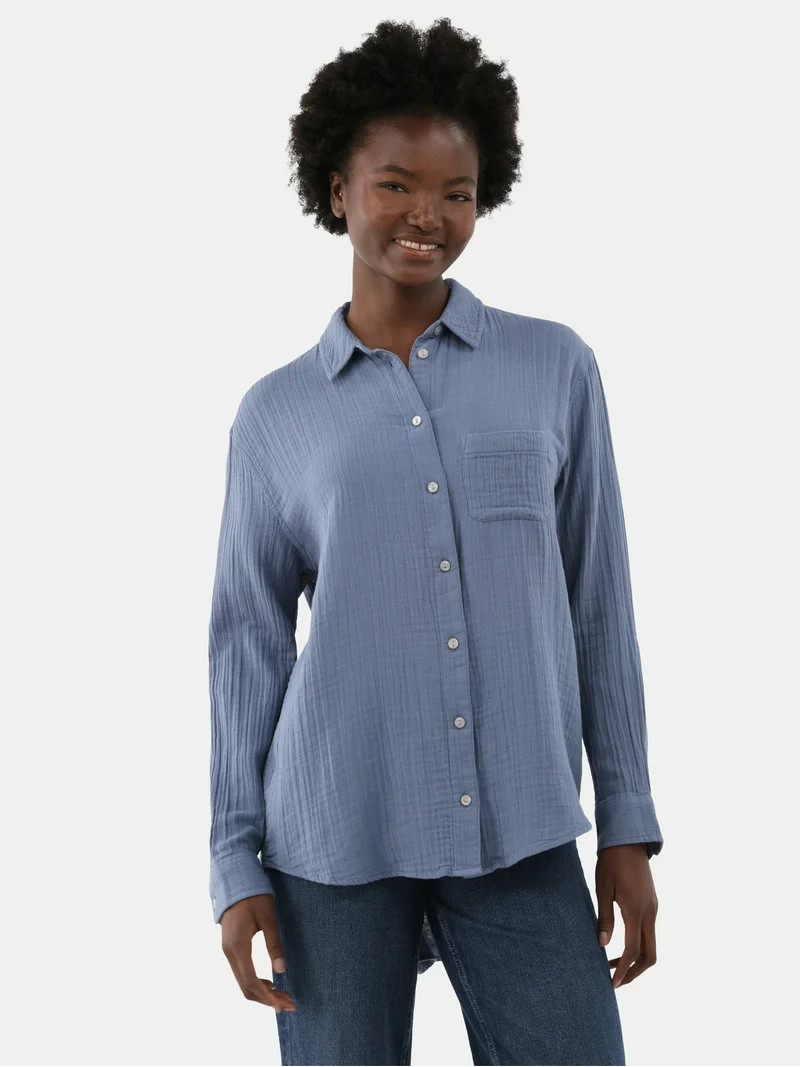 Time and Tru Women's Double Cloth Cotton Shirt, Sizes XS-XXXL | Walmart (US)