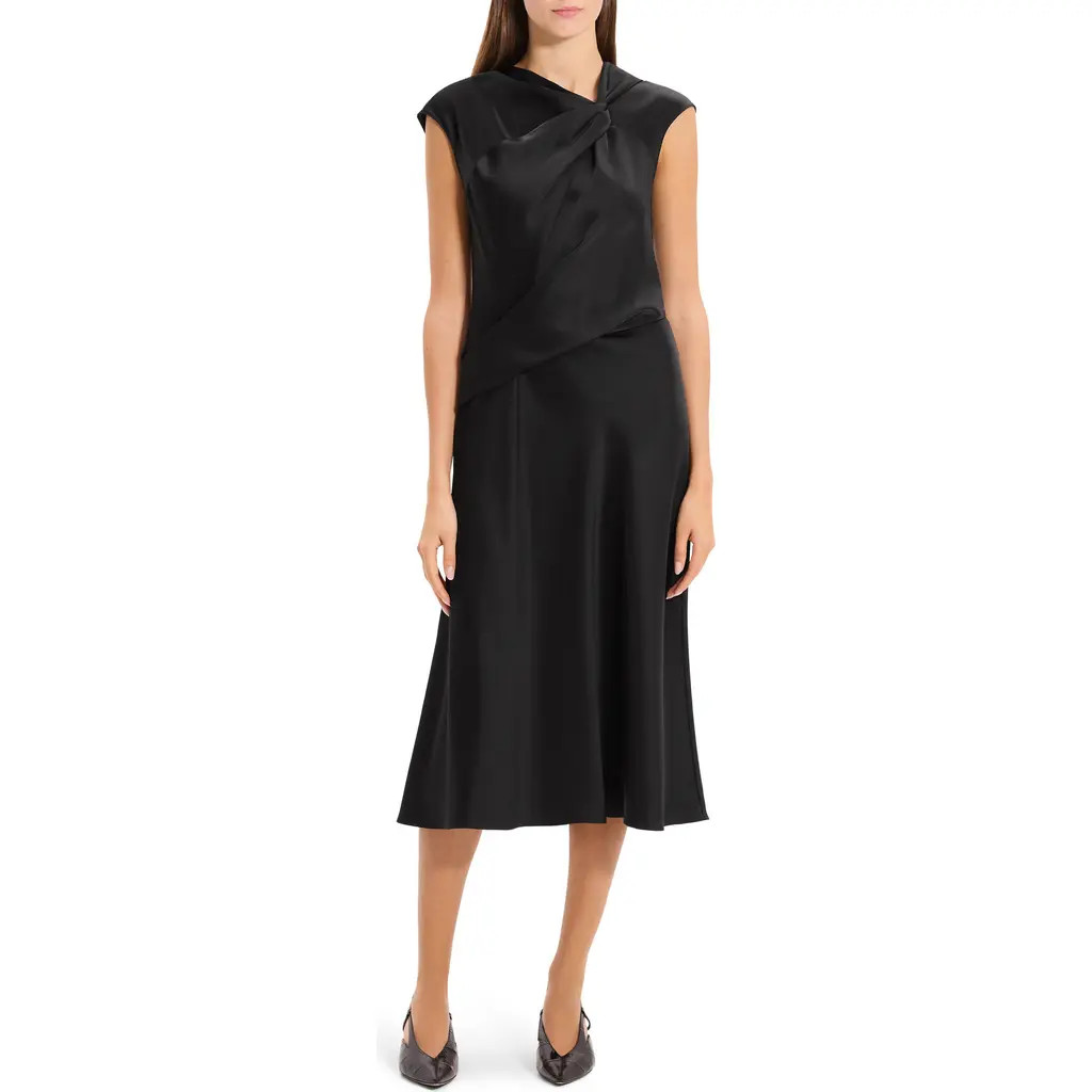 Theory Twist Bodice Satin Midi Dress in Black at Nordstrom, Size 4 | Nordstrom