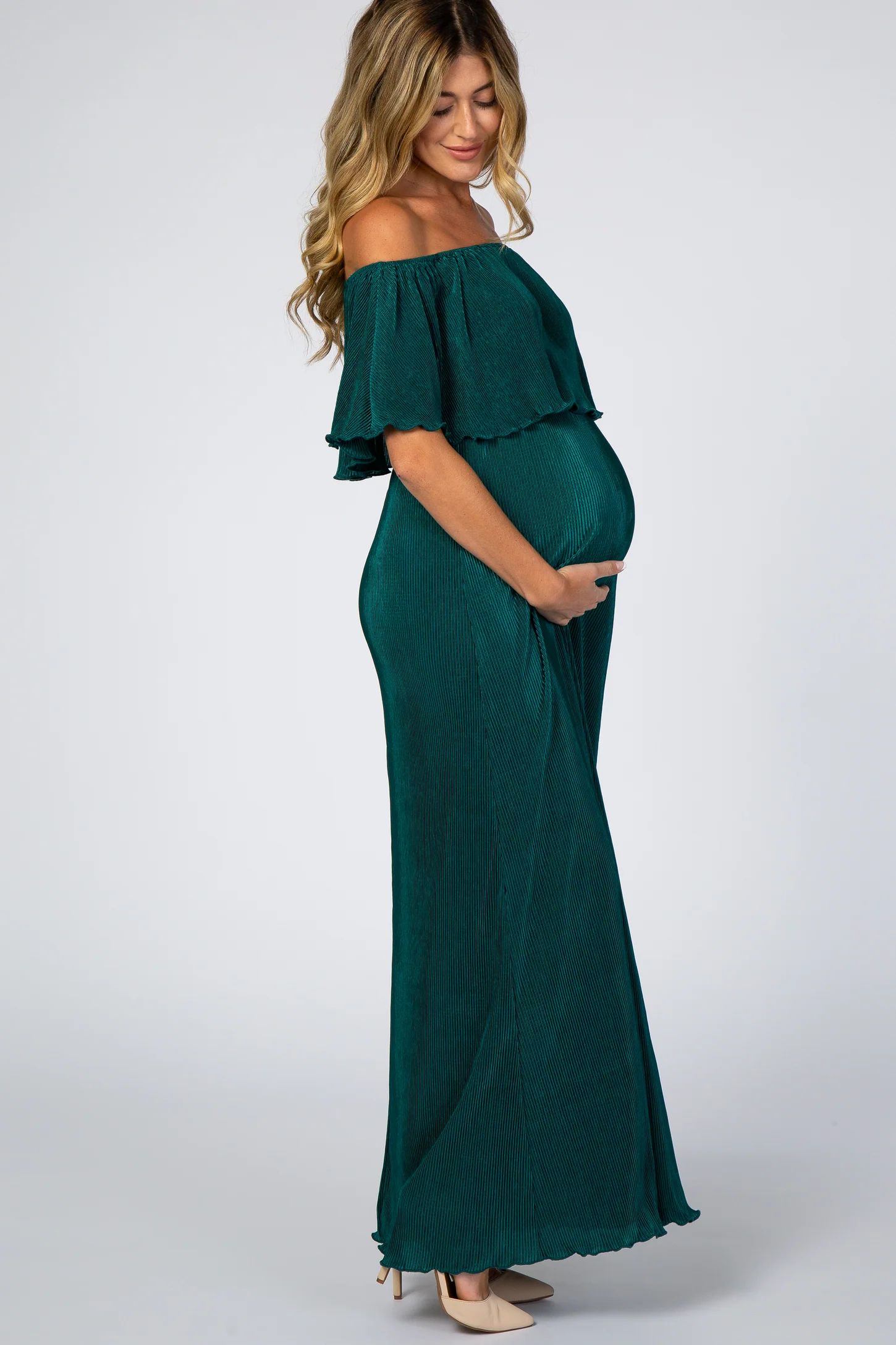 Forest Green Pleated Ruffle Off Shoulder Maternity Maxi Dress | PinkBlush Maternity