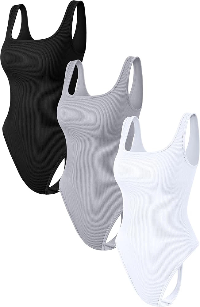 OQQ Women's 3 Piece Bodysuits Sexy Ribbed Sleeveless Square Neck Stretch Tank Tops Thongs Bodysui... | Amazon (US)