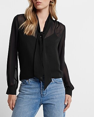 Sheer Long Sleeve Tie Neck Portofino Shirt | Express