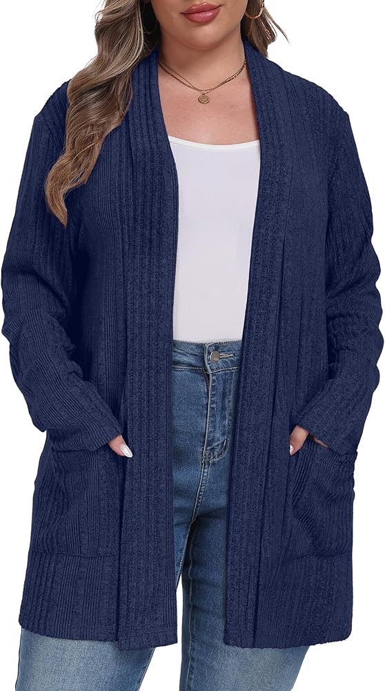 OLRIK Womens Plus Size Cardigan Open Front Easy to Wear Casual Knit Sweaters with Pockets Loose O... | Amazon (US)