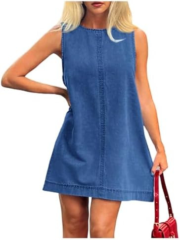 Milumia Women's A-Line Sleeveless Crew Neck Denim Dress Loose Casual Mini Jean Dresses | Amazon (US)
