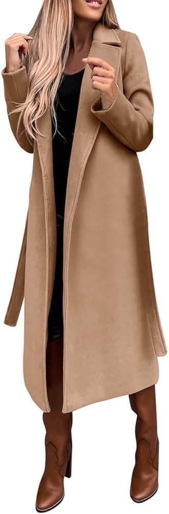 utcoco Womens Long Wool Pea Coats Notched Collar Open Front Woolen Blend Trench Coat with Belt | Amazon (US)