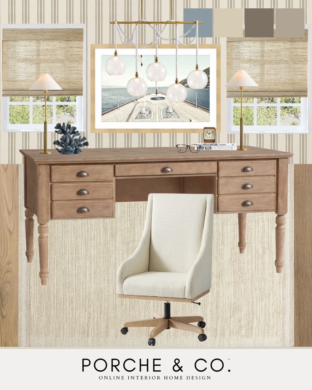 Where modern classic meets coastal calm 🌊☀️ This light and airy home office is filled with curated details, soft textures, and natural light — the perfect blend of function and seaside serenity. 
#porcheandco #coastaldesign #homeoffice


#LTKHome #LTKStyleTip