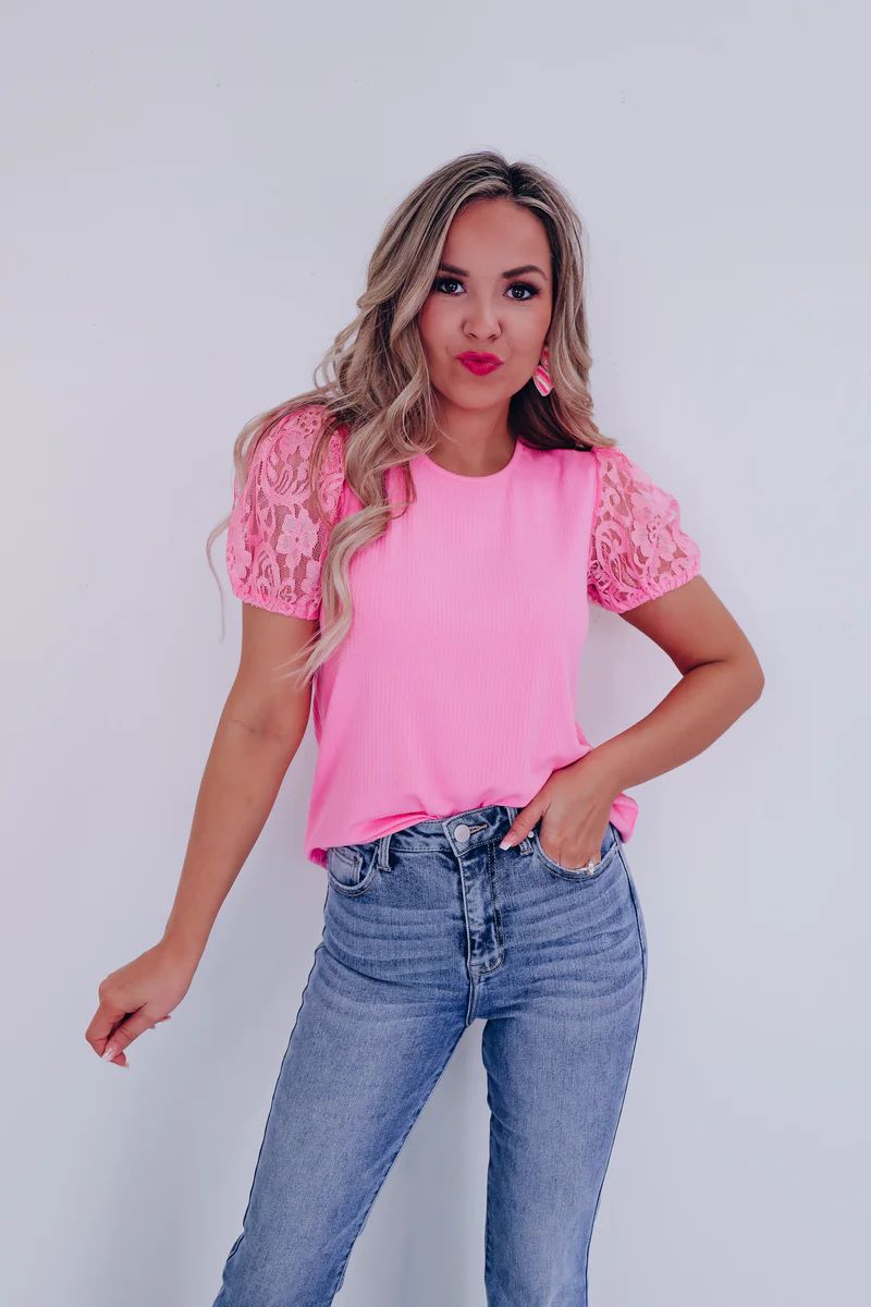 Lovely Lace Puff Sleeve Top - Pink | Whiskey Darling Boutique