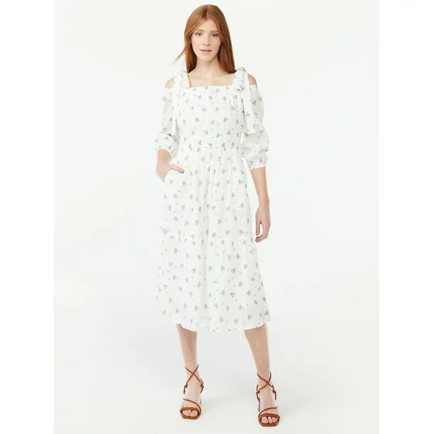 Free Assembly Women's Off the Shoulder Midi Dress with Tie Straps - Walmart.com | Walmart (US)