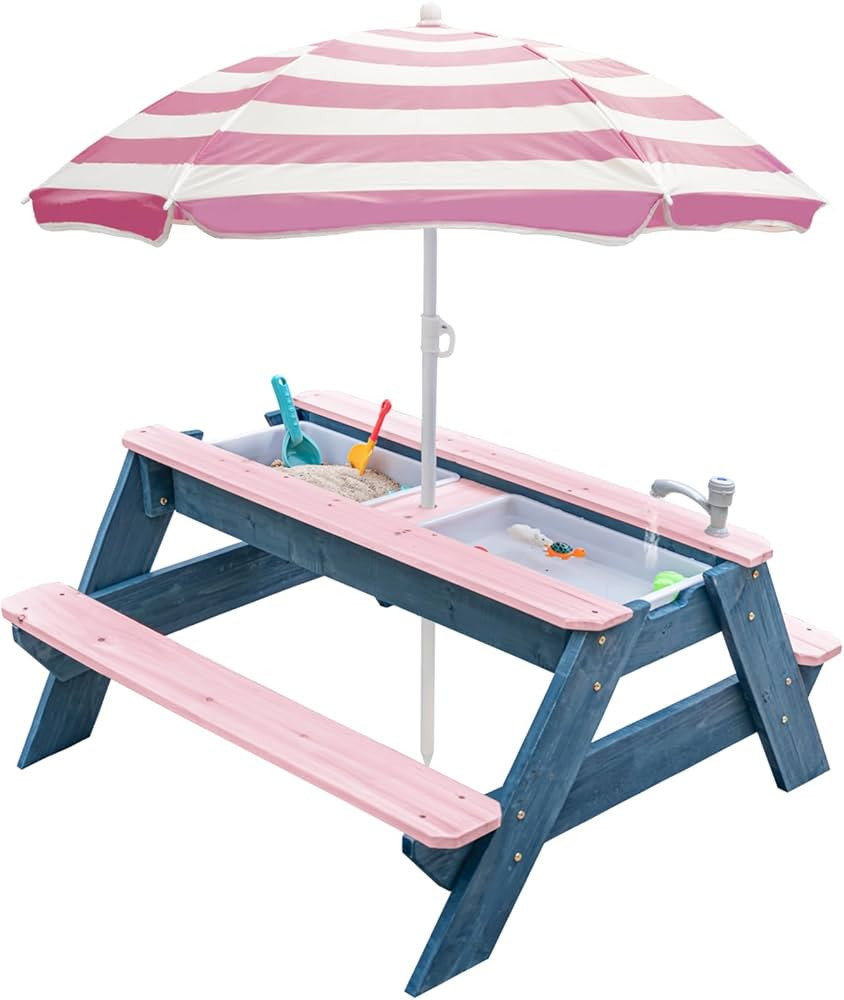 Kids 3-in-1 Sand & Water Table, Wood Outdoor Convertible Picnic Table w/Umbrella, 2 Trays, Remova... | Amazon (US)