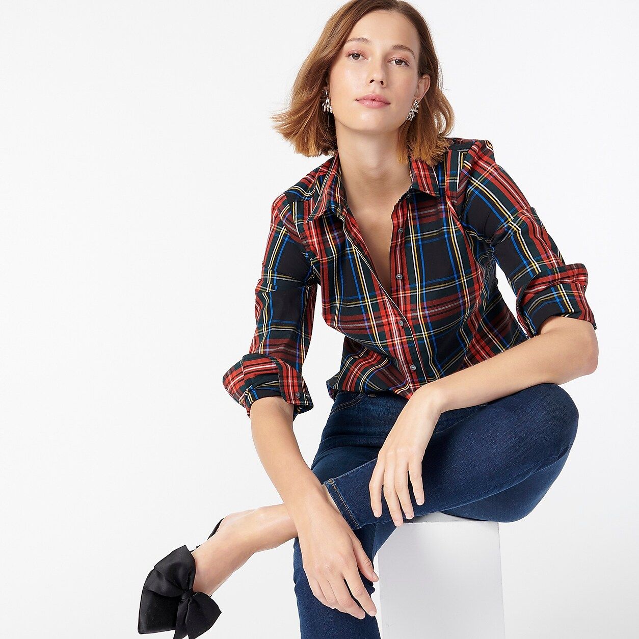 Slim stretch perfect shirt in black Stewart tartan | J.Crew US