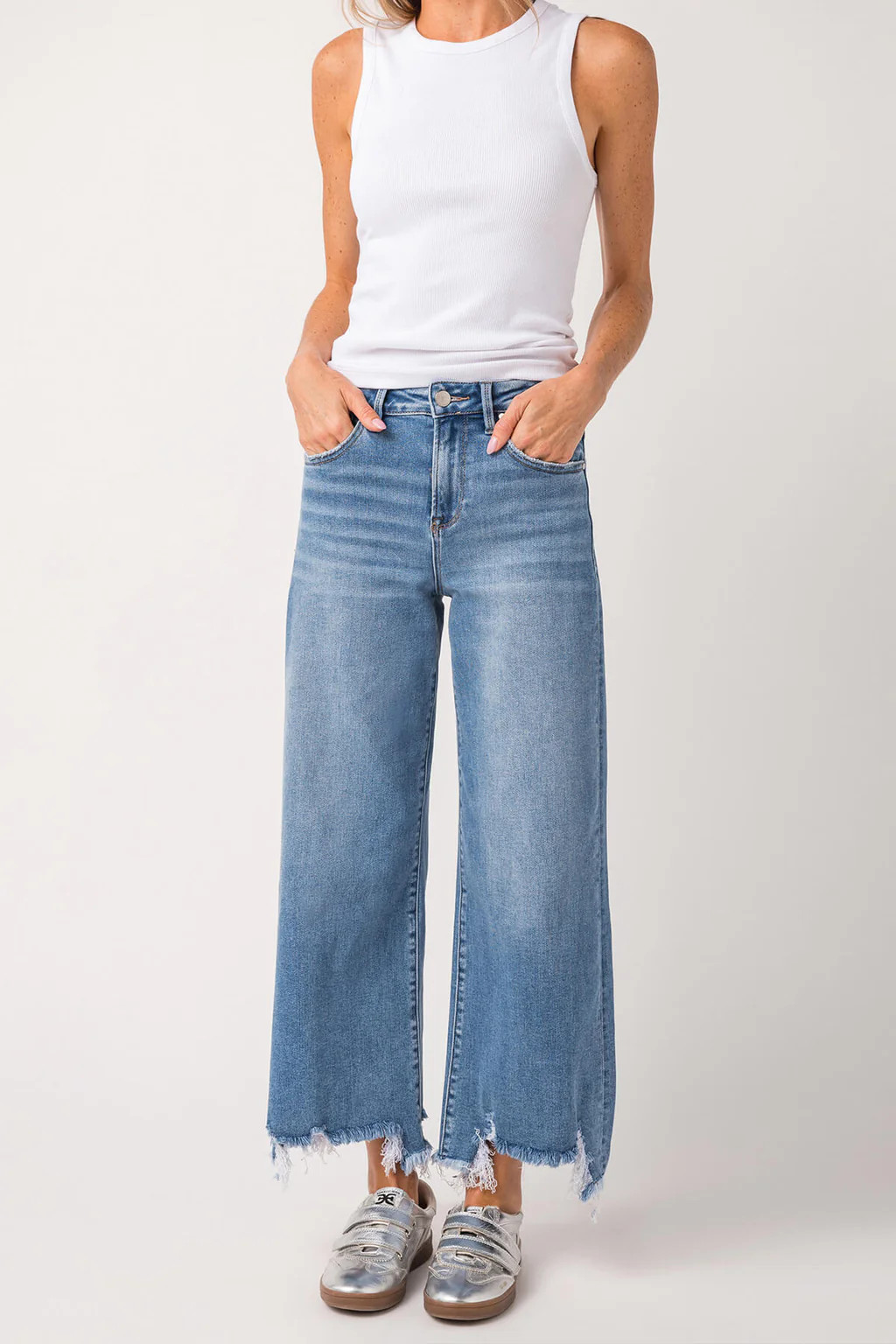 Risen Bobbie Rise Step Hem Crop Wide Leg Jeans | Social Threads
