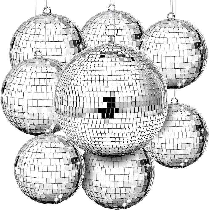 Haull 8 Pcs Large Disco Ball Set Silver Mirror Disco Reflective Ball with Hanging Ring Party Orna... | Amazon (US)