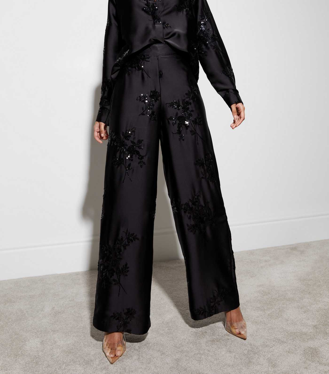 Black Satin Sequin Embellished Wide Leg Trousers
						
						Add to Saved Items
						Remove fro... | New Look (UK)