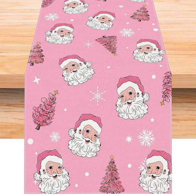 Jiudungs Linen Pink Christmas Table Runner 72 Inches Long Christmas Santa Claus Snowflake Christm... | Amazon (US)