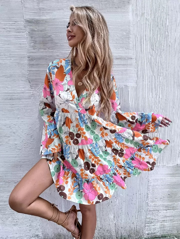 SHEIN Clasi Floral Print Trumpet Sleeve Ruffle Hem Overlap Collar Smock Dress | SHEIN
