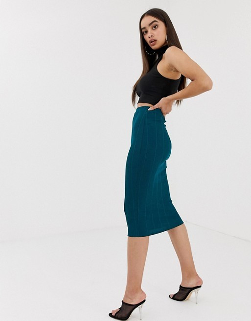 Missguided ribbed bodycon midi skirt in teal | ASOS US