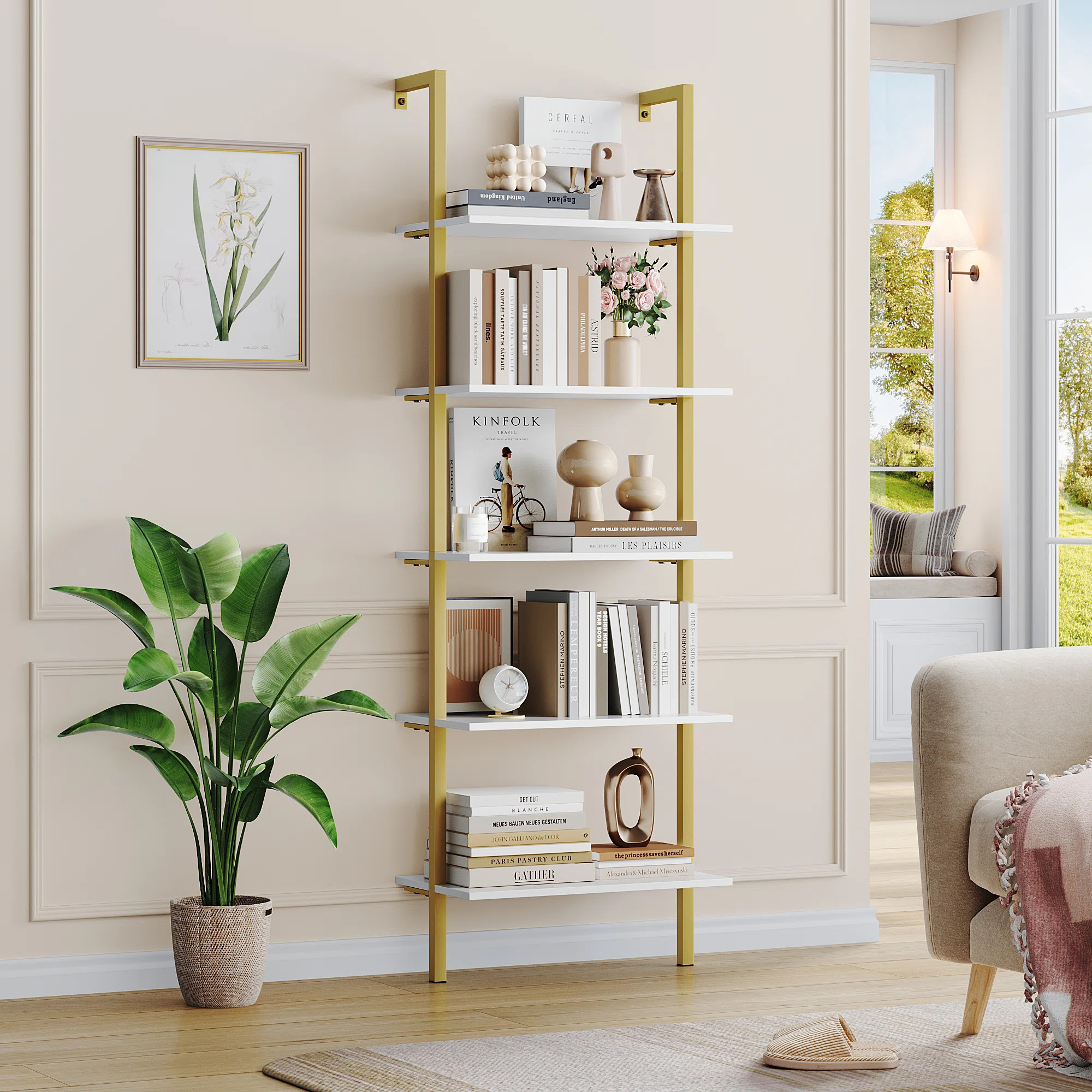 Cayden-James 72.6" H x 23.6" W Modern 5-Tier Etagere Bookcase, White & Gold Iron Frame Library Sh... | Wayfair North America