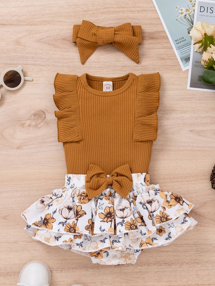 Baby Floral Print Ruffle Trim Bow Front Combo Bodysuit Dress With Headband | SHEIN