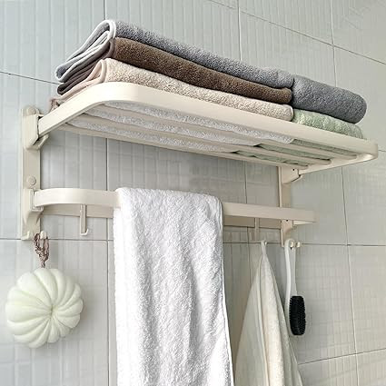 24in Milky White Towel Racks Shelf for Bathroom, Foldable Wall Mounted Towel Storage with 9 Towel... | Amazon (US)